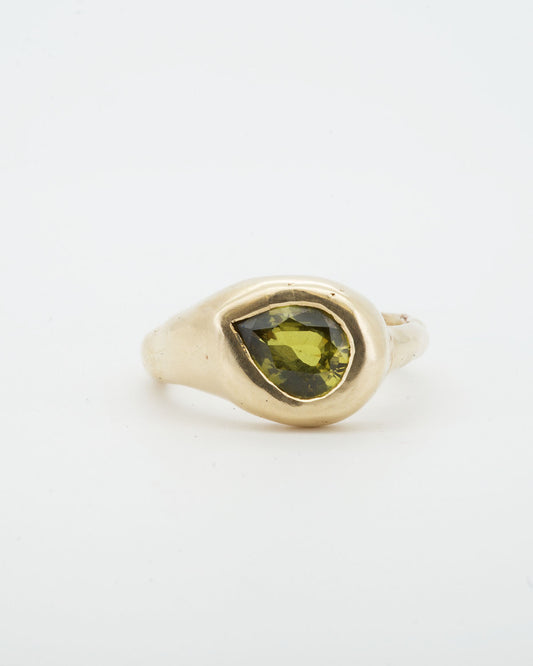 Drip ring - solid 9ct gold + 1.8ct green pear sapphire