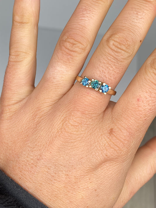 teal sapphires + solid 9ct yellow gold