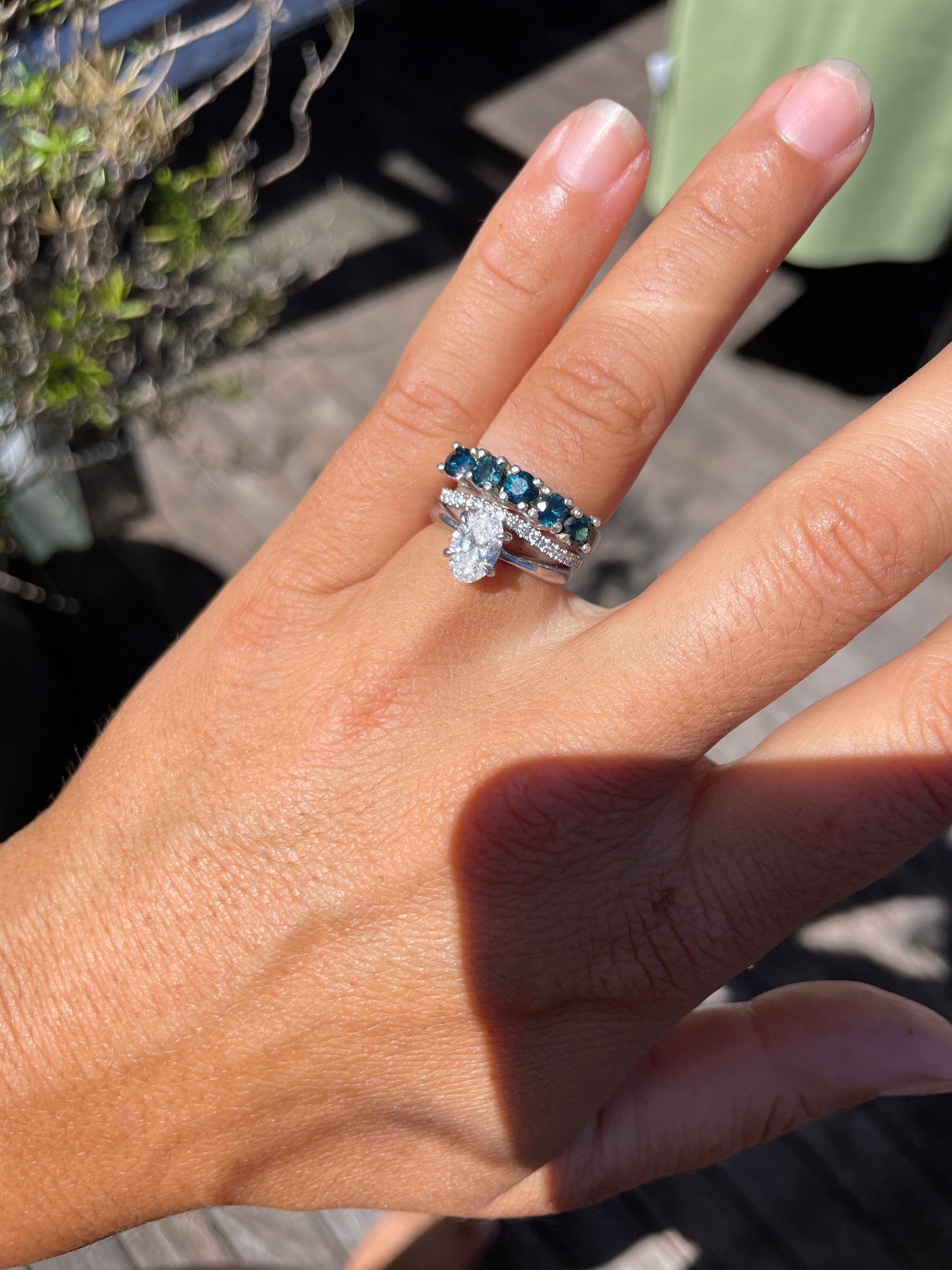 teal sapphires + 9ct white gold